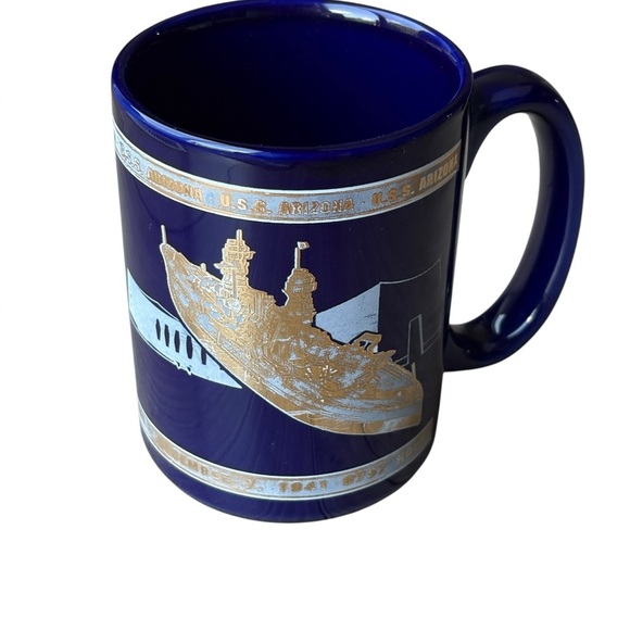 U.S.S. Arizona Blue Coffee Mug Blue Gold Glazed Ceramic Armed Forces 1994 - Picture 1 of 7